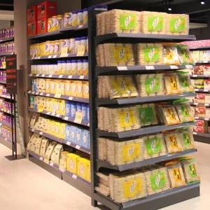 Double Sided Black Supermarket Gondola Shelving Heavy Duty Metal Retail Shop Display Rack Adjustable Layers Epoxy Powder Coated