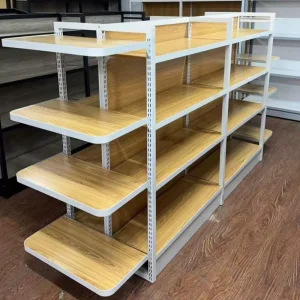 Double Sided Heavy Duty Metallic Wood Paperboard Supermarket Shelves Display Racks Wire Shelving Freestanding Stand 50 Shelf