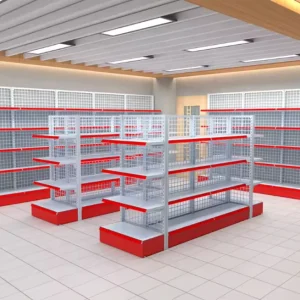 Double Sided Heavy Duty Pre Assembled Supermarket Gondola Shelving White Metal Grid Retail Display Rack Red Price Tag Holder