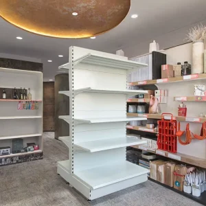 Double Sided Metallic Light Duty Supermarket Rack Grocery Shelves Quick Installation Convenience Store Island Display