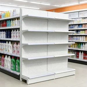 Double Sided Metallic Steel Eco Friendly Durable Powder Coated Supermarket Gondola Shelving White Display Racks for Grocery