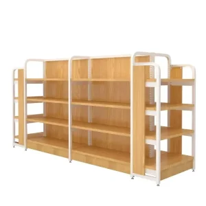 Double Sided Supermarket Convenience Store Boutique Steel Wooden Display Fixture