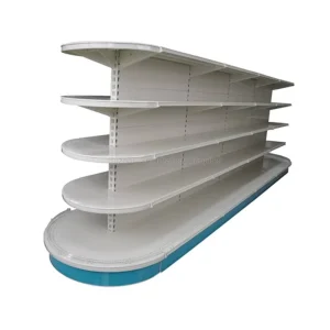Double Sided Supermarket Gondola Shelving Unit with Round End Cap Heavy Duty Retail Island Display Rack for Pharmacy Grocery