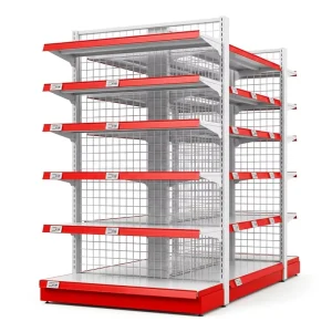 Double Sided Supermarket Shelf with Wire Mesh Back Panel Adjustable Metal Retail Display Rack for Grocery and Shop