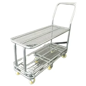 Double Tier 250kg Capacity Anti rust Strong Market Cart Cargo Platform Warehouse Trolley with 6 PU Wheels