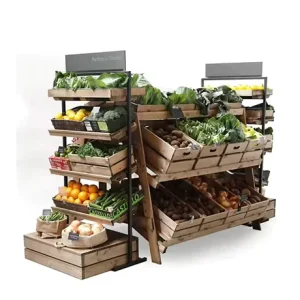 Double sided 1600mm Widths Supermarket Mobile Fruit and Vegetable Display Stand Plastic Display Steel Rack Shelf for Vegetables
