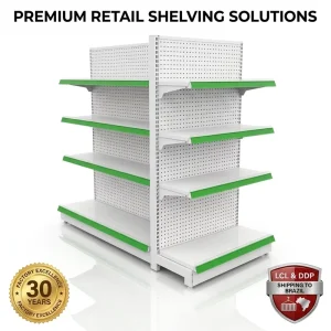 Durable Single Sided Supermarket Display Rack White Metallic Retail Shelf Custom Commercial Gondola