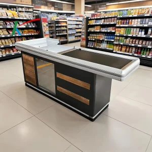 Durable Stainless Steel Checkout Counter with Conveyor Belt for Shop