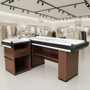 Durable Steel Cash Register Checkout Desk with Customizable Dimensions for Supermarket Use