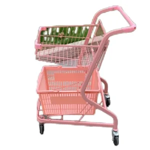 Durable Unfolding Platform Double Basket Shopping Cart for Supermarket Use with Steel Construction