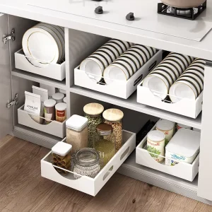 Easy Access Double Pull Out Sliding Metal Modern Kitchen Cabinet Dish Organizer Rack Plate Bowl Divider Shelf Tableware Cups