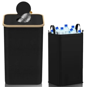 Eco friendly Bamboo Deposit Bottle Storage Basket Recycling Bin with Inner Bag and Lid for Bottles Cans Glass Plastic Cartons