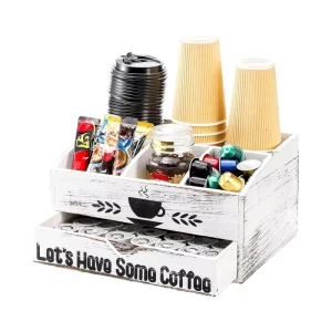 Eco friendly Rustic Wood Double Coffee Station Organizer for Countertop Bar Accessories K Cup Espresso Pod Holder Coffee Tea