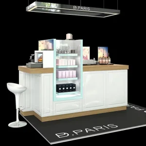 Elegant Gloss White Mall Booth with LED Sign and Mint Shelf Turnkey Kiosk Display Solution for Perfume Cosmetic Retail Counter