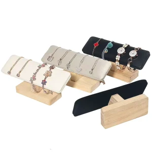 Elegant Sturdy Wood Base Velvet PU T Bar Bracelet Stand Watch Display Holder Jewelry Showroom Props