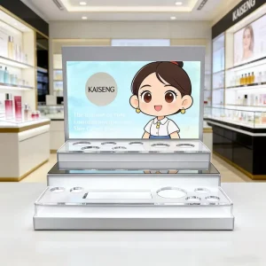 Factory Custom Acrylic White Acrylic Double Deck Skin Care Display Stand Transparent Acrylic Back Beauty Shop Counter