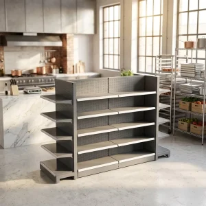 Factory Custom Light Duty Metal And Wood Double Sided Display Rack Supermarket Gondola Shelves For Grocery Use