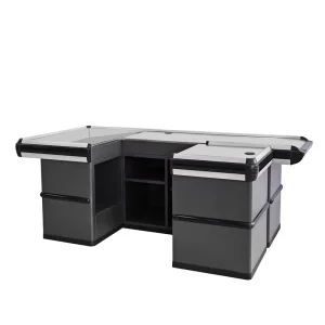 Factory Custom Supermarket Checkout Counter Heavy Duty Metal Cashier Desk with Storage Cabinets for Grocery Stores