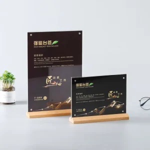 Factory Custom T Shape Clear Acrylic Desktop Sign Holder Wooden Base Magnetic Double Sided Display Stand for Retail Price List