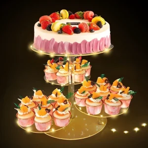 Factory Customized Acrylic Cupcake Stand Transparent LED Lit Multi Tier Dessert Cake Display Rack Easy Assembly Desktop Party