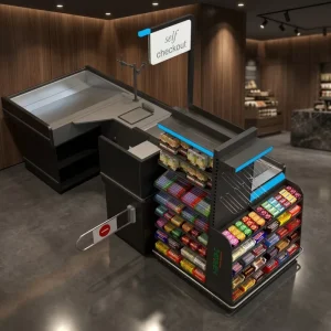 Factory Direct Heavy Duty Self-Checkout Counter with Snack & Candy Display Shelves for Grocery & Retail