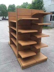Factory Direct Steel Wood Gondola End Cap Shelving Adjustable Wood Grain Display Rack For Supermarket