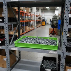 Factory Floor Parts Organizer Bin Plastic Modular Design Stackable and Nestable Interlocking for Stable Workstation Storage