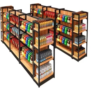 Factory Price Four post Wood Grain Supermarket Gondola Shelving Display Stand for Shop