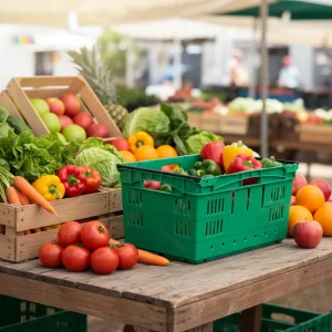 Farmers Market Display & Carry Basket Stackable Nestable Design Mesh Plastic Construction for Easy Transport Comfortable Handles