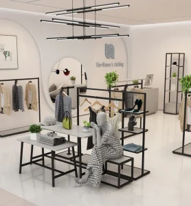 Fashion Garment Shops Stands Clothes Rack Metal Veneered Melamine Retail Clothing Store Display Racks for Boutique