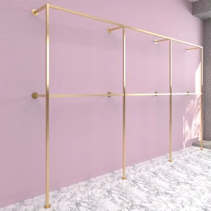 Fashion Lady Retail Store Fixtures Design Luxury Custom Gold Stainless Steel Shop Wall Display Rack for Clothing