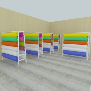 Fashion Retail Double sided Fabric Roll Holder Display Rack Carpet Shelf Tablecloth Leather Display Stand With Wheels