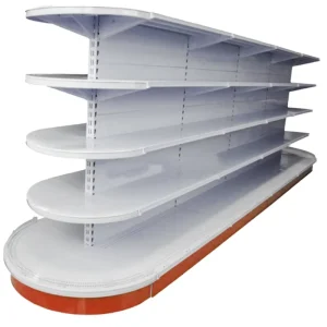 Flat Back Panel Double Shelf Round Gondola Shelf Grocery Store Shelving Supermarket Basket Display Rack