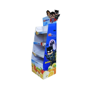 Foldable Flat-Pack Custom Superhero Display Stand 4-Tier Cardboard POP Rack for Promotional Kids’ Products
