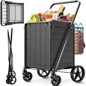 Folding Shopping Cart Plastic Trolley 4 Wheels