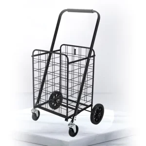 Folding Shopping Cart with Wheels and Double Basket for Groceries Laundry 4 Wheels Large Capacity Trolley Carts