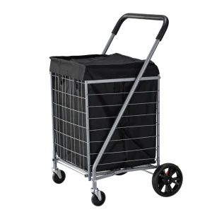 Folding Shopping Trolley Bag Cart with Wheels for Elderly Supermarkets Vegetable Moving Grocery Cart Foldable 2 Tiers Dolly Cart