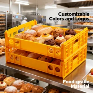 Food Grade Recyclable Plastic Stackable Bread Crates Storage Boxes Bins Custom Color Logo Eco Friendly Durable Strong Loading