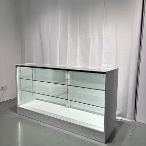 Full Vision Display Case Checkout Counter with Tempered Glass & MDF White Eco Friendly Modern Design