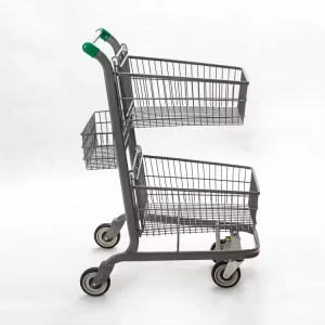 Galvanized Steel 2-Tier Supermarket Shopping Trolley with Lockable Wheels and Large Storage Basket for Retail Shops