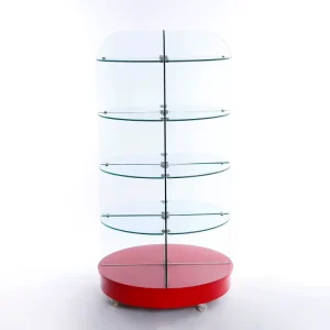 Glass and Metal Cylindrical Supermarket Display Rack with Wheel
