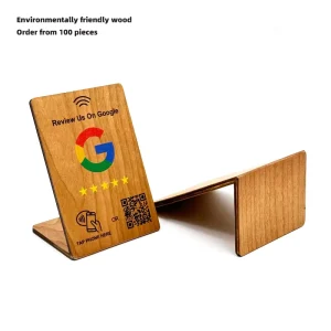 Google Review NFC Wooden Stand for Restaurant & Hotel Menus with RFID Mini Tag Payment Option Membership & Business Cards