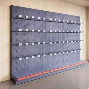 Grocery Store Metal Retail Display Racks Metal Supermarket Shelf Hole Backboard Gondola Shelving Commercial Shelving With Hook