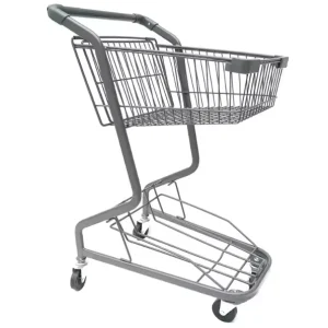 Grocery Supermarket Party Shopping Hand Push Cart 4” PU Wheels Eco Friendly Durable 2 Tier Mesh Shopping Trolley