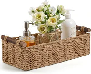 Handmade Eco Friendly Modern Paper Rope Storage Basket Wooden Handles Rectangular Woven Organizer Bin for Bathroom Countertop