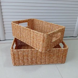 Handmade Rectangle PP Woven Basket Handle Flower Arrangements Storage Baskets for Food Bathroom Clothing OEM