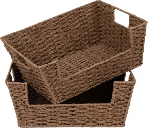 Handwoven Eco Friendly Mini Modern Paper Rope Storage Basket Metal Frame Rectangular Shelf Organizer Bins U Shaped Front Pantry