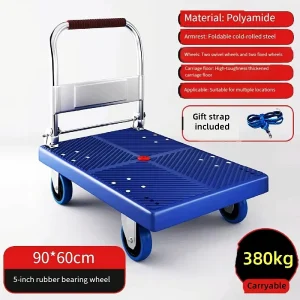 Heavy Duty 90*60 Portable Four-Wheel Mute Shopping Flat Trolley 380KG Steel Plastic PP Customizable OEM Folding Warehouse
