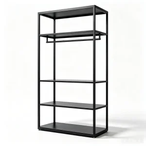 Heavy Duty Black Metal Garment Display Rack with Top Shelf and Hanging Bar for Motorcycle Gear Shop