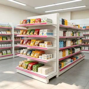 Heavy Duty Double Sided 4-Tier Supermarket Gondola Shelving System Metal Retail Display Rack